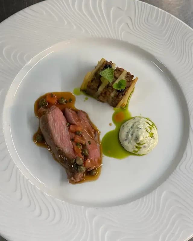 Berkshire Downs Lamb Rump, Sheeps Yoghurt and Garlic Labna, Ewes Cheese and Lamb Mousaka